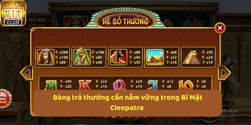 Bảng trả thưởng cần nắm vững trong Bí Mật Cleopatra 